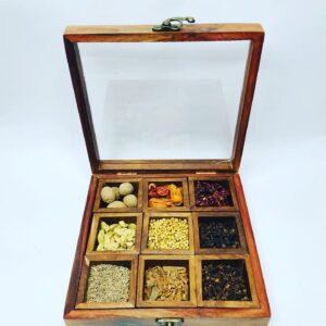 Wooden Masala box with glass lid & spoon.
