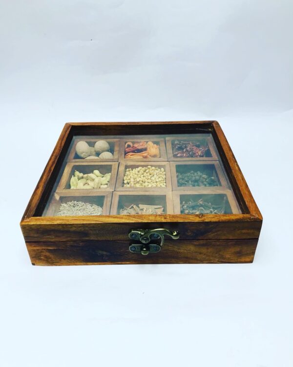 Wooden masala Box is non plastic and environment friendly. Box can be used this to store spices, masala, dry fruits, nuts and even jewelry.