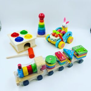 Channapatna Wooden Toys | Combo 4 | StackingRing-RabitPuller-Hammerball-ShapeTrain