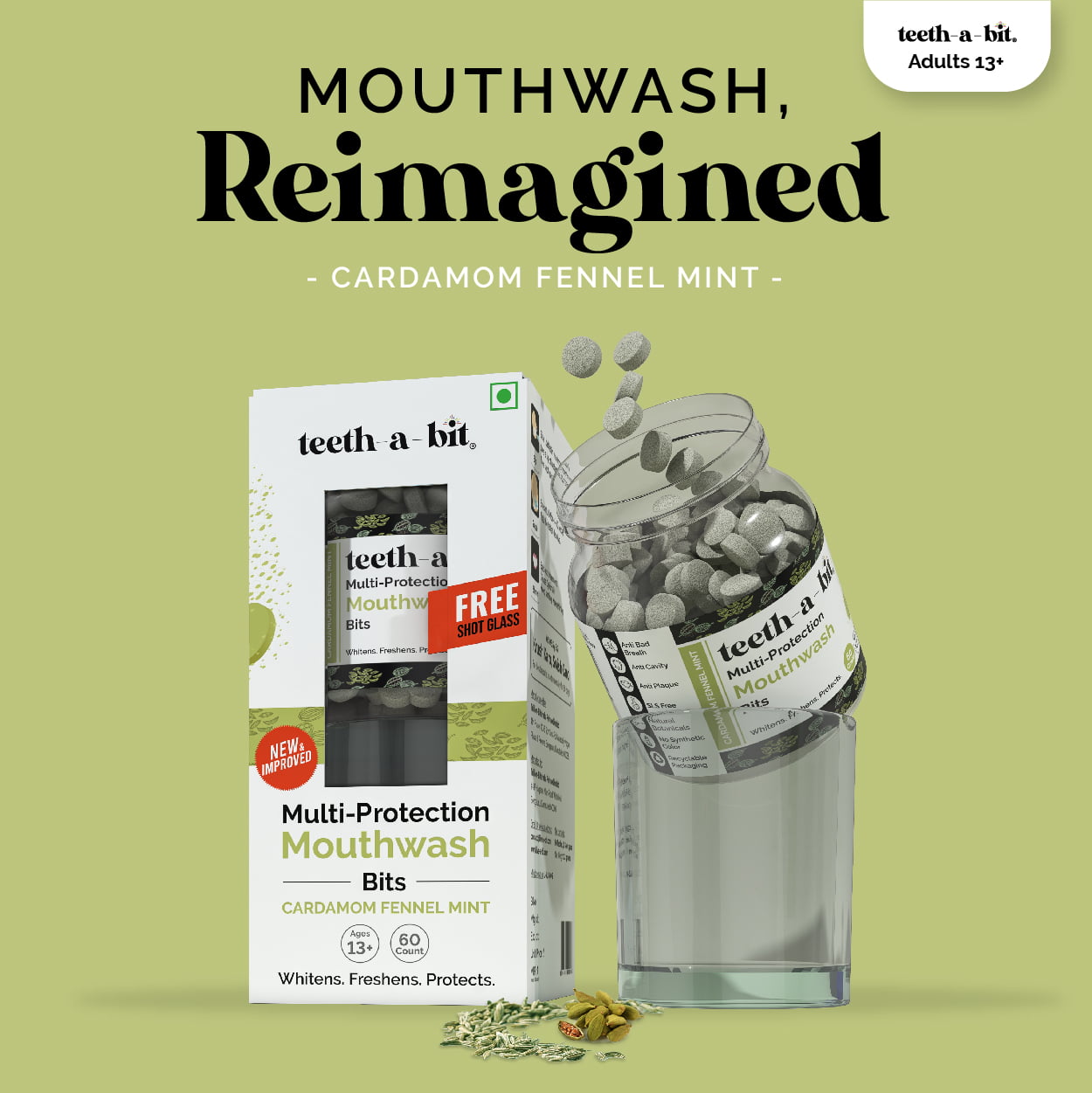 teeth-a-bit Multiprotection Cardamom Fennel Mint Mouthwash Bits |Equal to 1200ml of liquid mouthwash (60 Count)