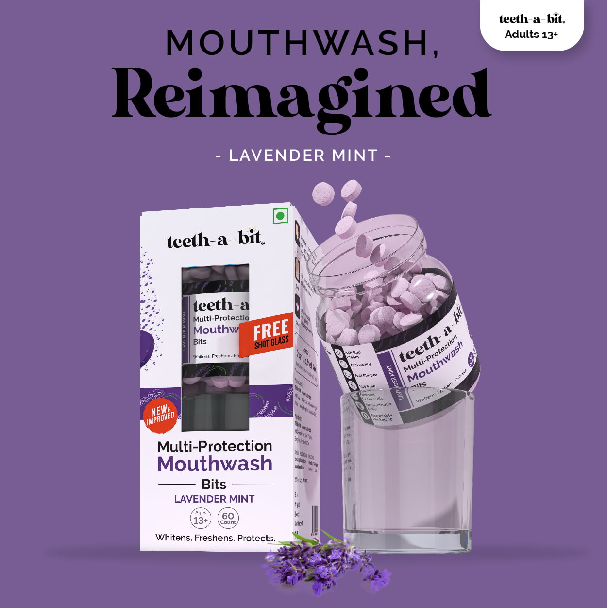 teeth-a-bit Multiprotection Lavender Mint Mouthwash Bits | Equal to 1200ml of liquid mouthwash (60 Count)