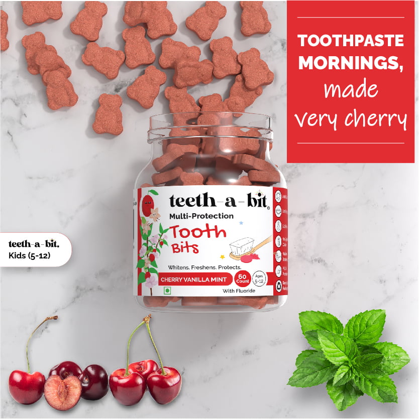 teeth-a-bit Kids Multi-Protection Cherry Vanilla Mint Tooth Bits, SLS Free, Plant Based Kids (5-12 Years) Toothpaste Tablets (60 Count)