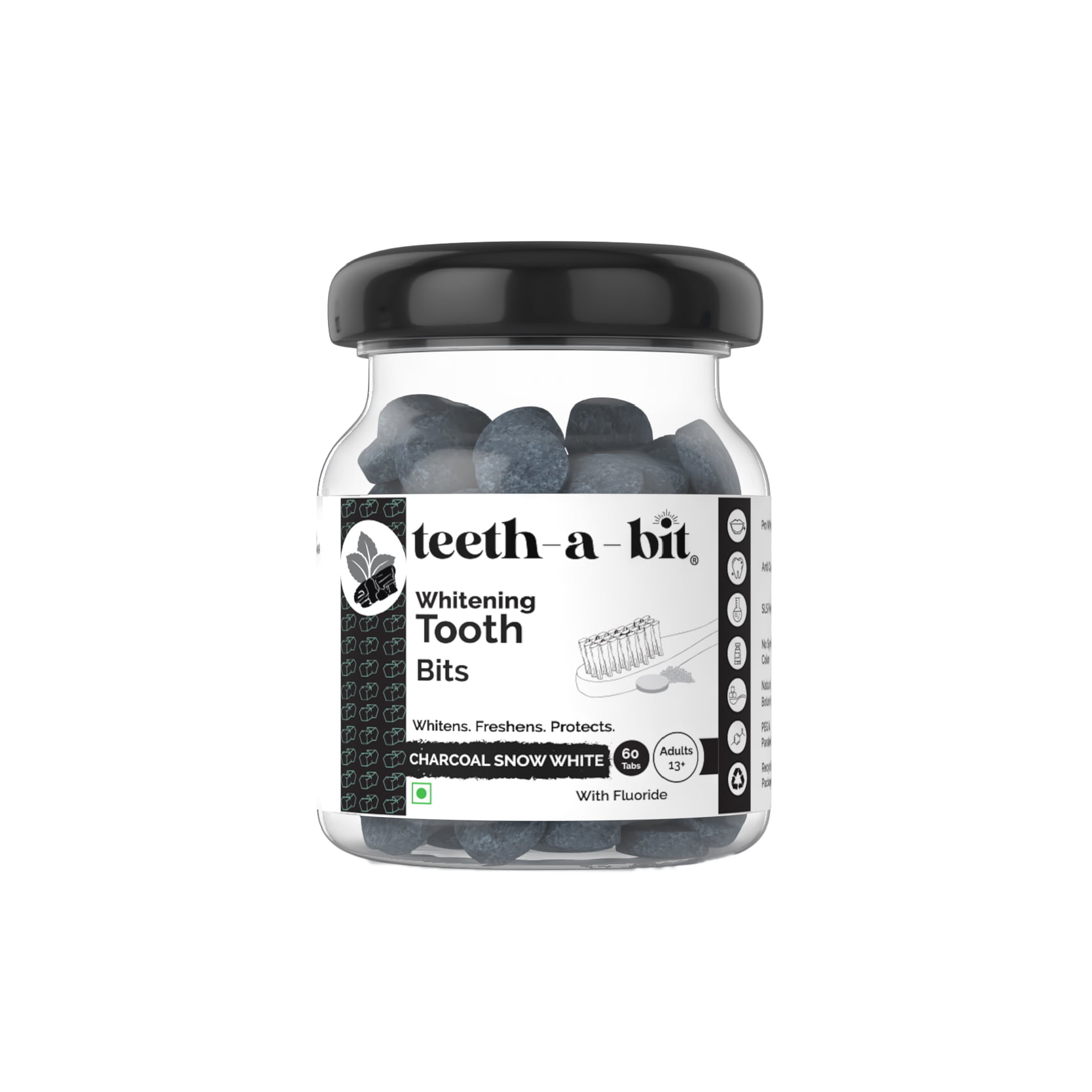 teeth-a-bit Snow White ‘Whitening Bamboo Charcoal Tooth bits’, plant-based toothpaste tablets, Enamel Safe, Stain Removal, SLS Free, Eco-friendly, Travel Friendly (60 Count)